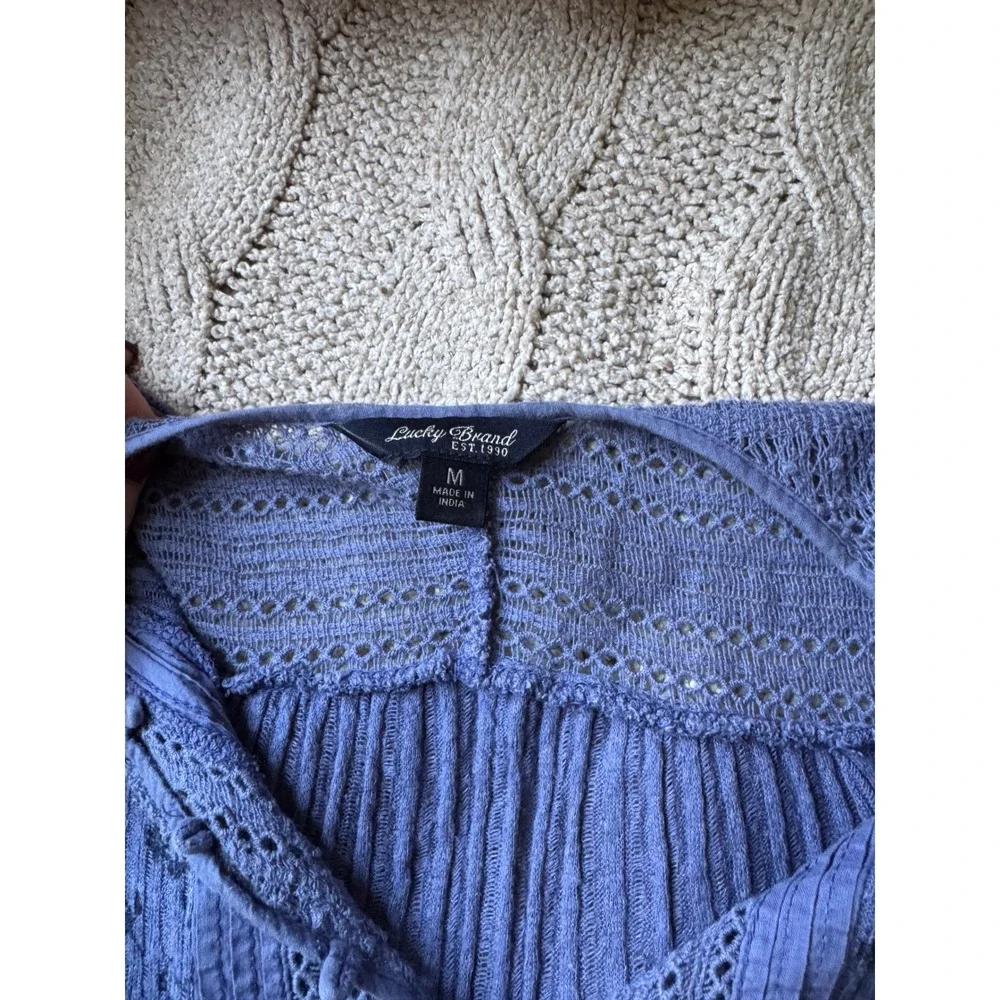 Lucky Brand Blue Boho Crochet Lace Henley Long Sleeve Peasant Top Medium